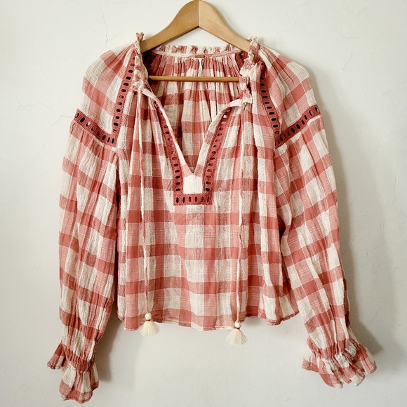 Free People Honey Grove Coral Gingham Plaid Boho Peasant Long Sleeve Blouse XS - Picture 2 of 8